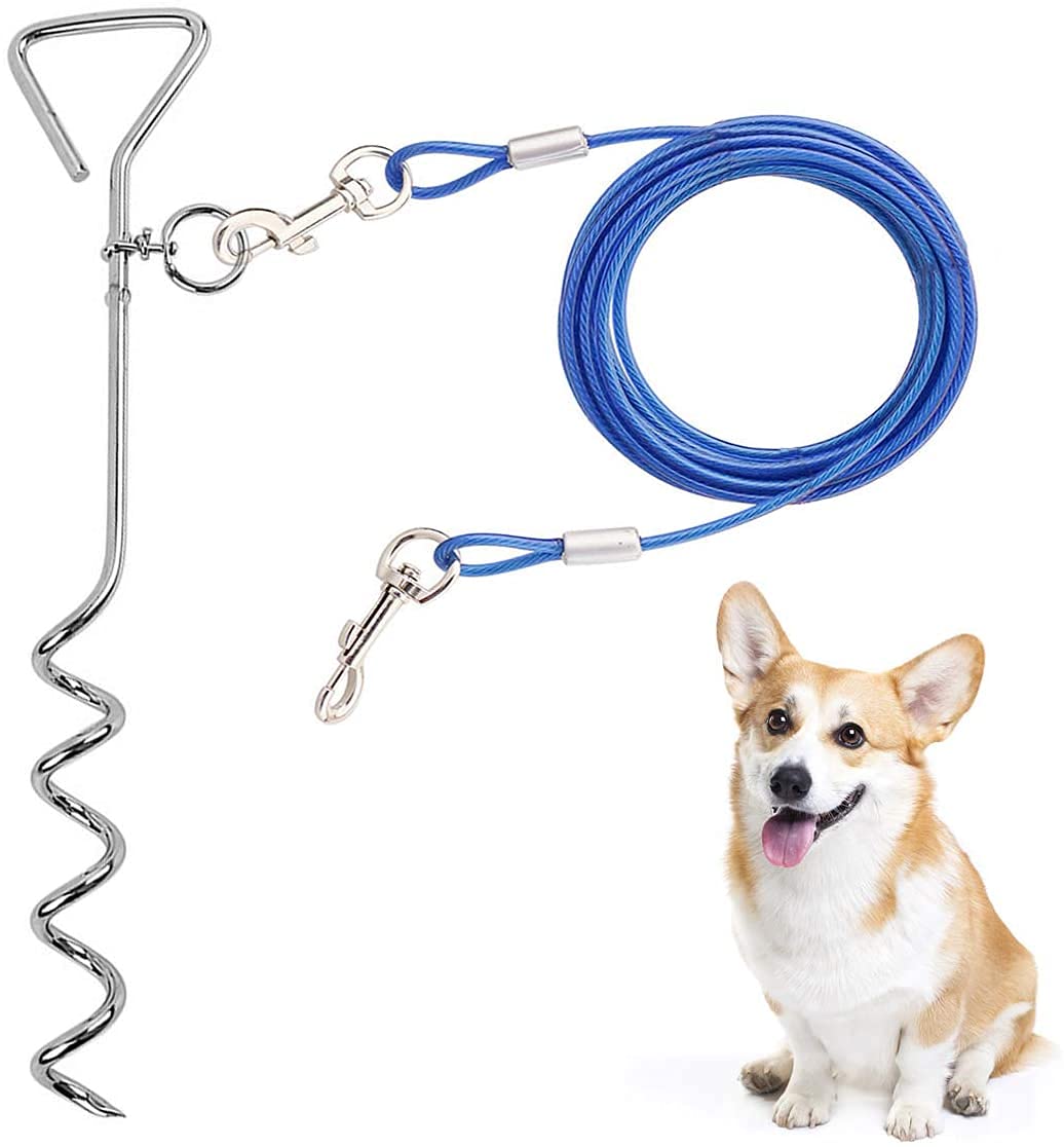 Photo 1 of CLKHOWL Dog Stake Tie Out Cable - 16/30" Anti Rust Reflective Stake for Medium Large Dogs Up to 125 lbs, Dog Cable Runner and Metal Hooks for Yard, Camping, or Outdoors (Blue, 16FT)