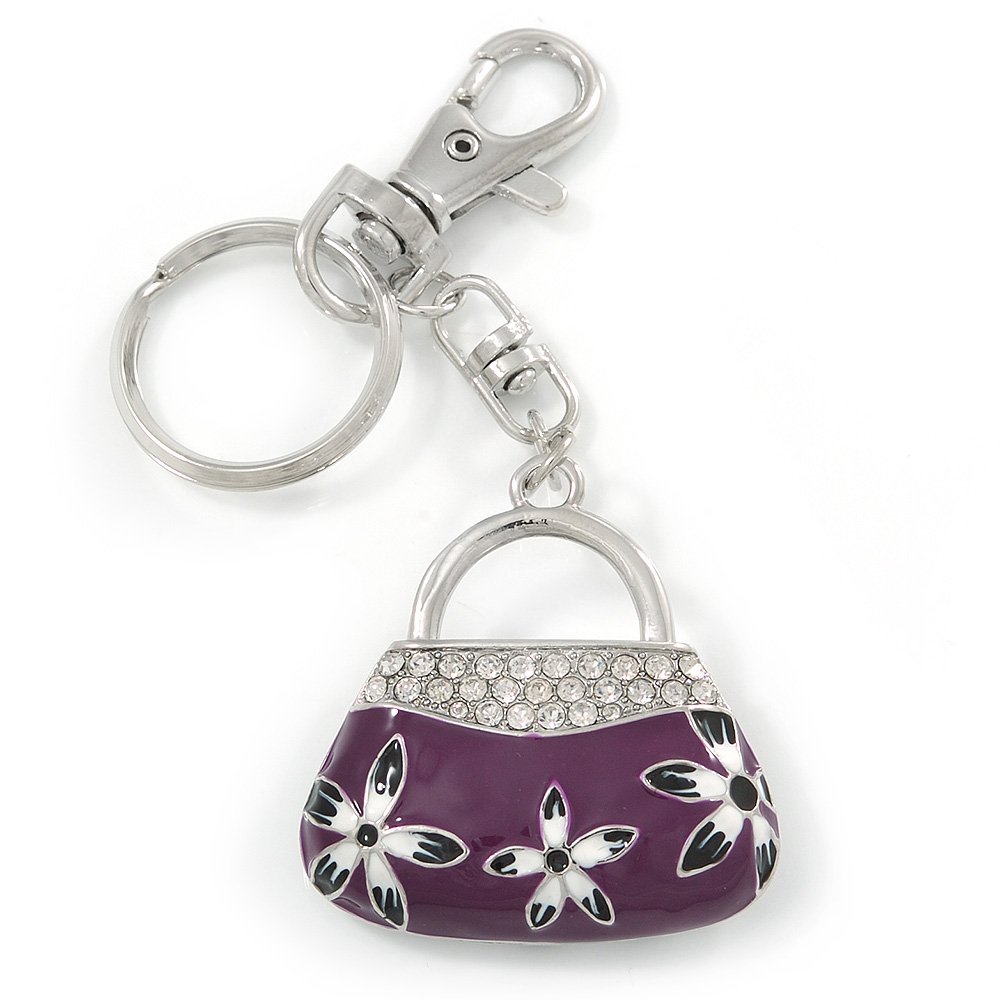 Avalaya Rhodium Plated Clear Crystal, Violet/Purple Enamel Puffed Bag Keyring/Bag Charm - 11cm Length