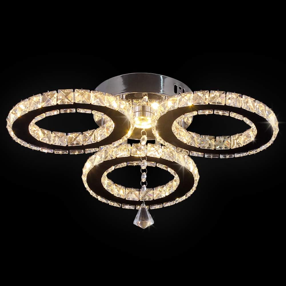 diisunbihuo LED Crystal Pendant Ceiling Light 13x3.5 Inches 3 Rings Crystal Chandelier Flush Mount Lighting Fixture for Bedroom Hobby Living Room (Warm White) - Image 5