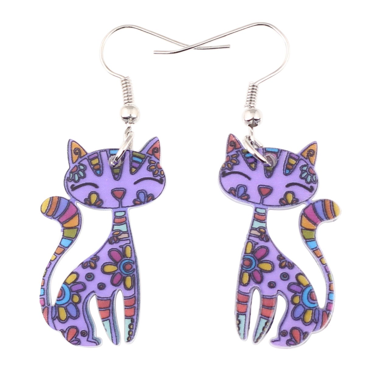 Bonsny Acrylic Long Drop Dangle Cat Earrings "CAYLEIGH Statement Pop-Art Kitten Gift Girl Women (Purple)