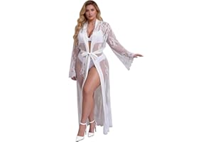 ohyeahlady Women's Lingerie Robe Sexy Long Lace Kimono Robe Nightgown Mesh Chemise Gown Swimsuit Cover Up S-2XL