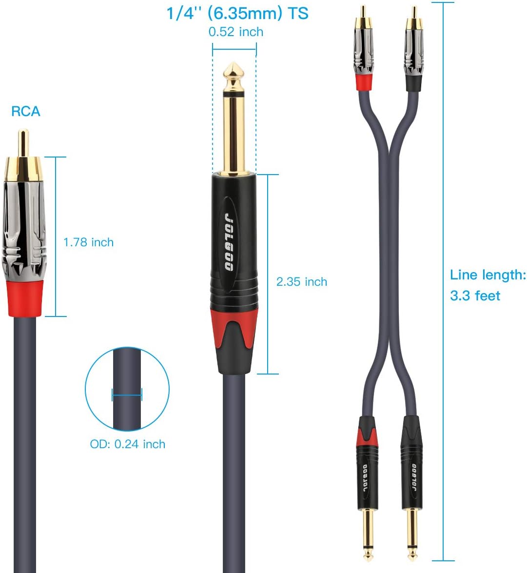 JOLGOO Dual 1/4" TS to Dual RCA Stereo Interconnect Cable, 2 x 6.35mm 1/4 Inch Male TS to 2 RCA Male Stereo Audio Adapter Cable, 3.3 Feet: Home Audio & Theater