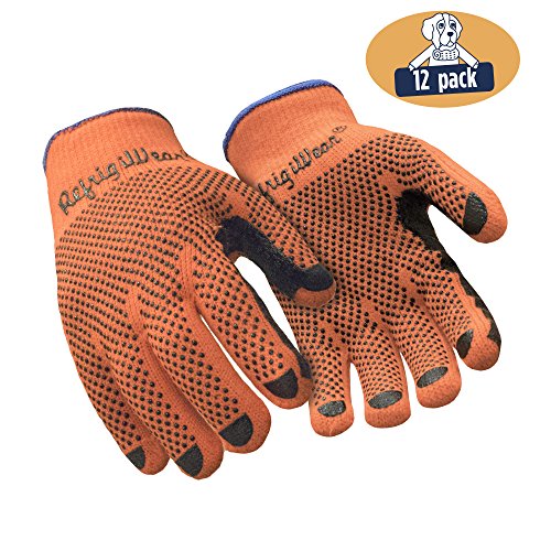 RefrigiWear Midweight Knit Double Sided PVC Dot Grip Work Gloves, Pack of 12 Pairs (High Visibility Orange, Large)