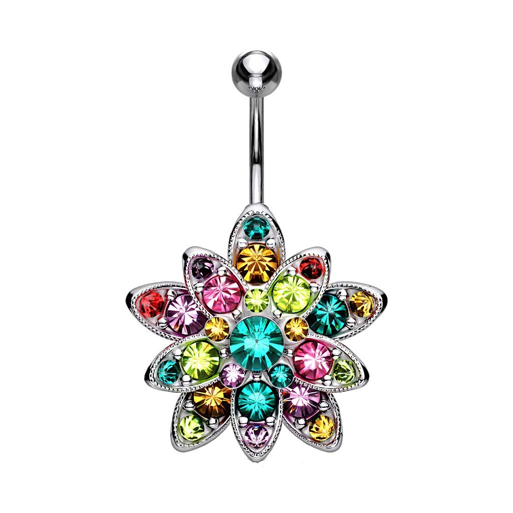 PiercedOff Colourful Crystals Large Flower Belly Bar