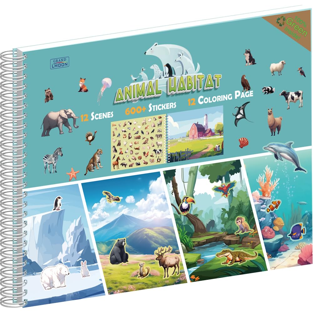 600+ Animal Habitat Stickers & 12 Habitat Scenes & 12 Coloring Pages Spiral Book for Kids Ages 3+ Innovative Car/Plane Activities | Develop Imagination & Creativity Design for Fun & Learning