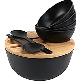 ShineMe Salad Bowls, Large Salad Bowl with Lid and Servers, Bamboo Salad Bowl Set with 4Pack Small Serving Bowls, 9.8inches Solid Kitchen Bowl for Fruits, Vegetables and Pasta...(Black)