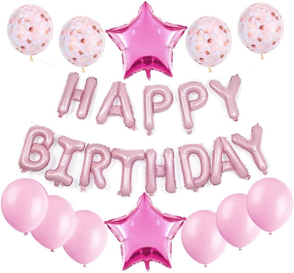 HaimimallHappy Birthday Balloons Set Pink-13pcs Letters Balloons 2pcs Giant Star Foil Balloons 4pcs Confetti Balloons 7pcs Latex Balloons Birthday Party Decorations and Supplies Balloons