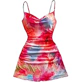 RoseSeek Women's Y2K Floral Tie Dye Mesh Bodycon Dresses Draped Ruched Sleeveless Cami Mini Dress