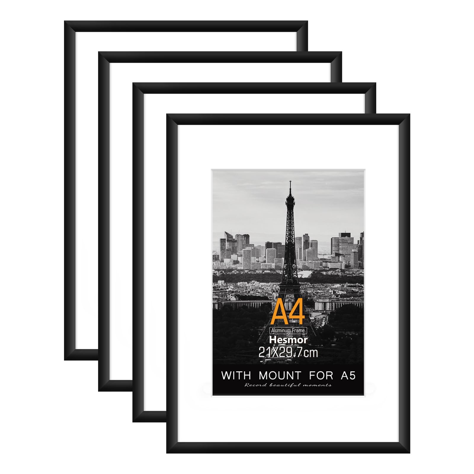 Hesmor A4 Aluminum Acrylic Picture Frames Black - 8 x 12 inch Certificate Frames, Set of 4 Poster Frame with Mount for A5 Prints, Clear Plexiglass, Table Top and Wall Mounting Options