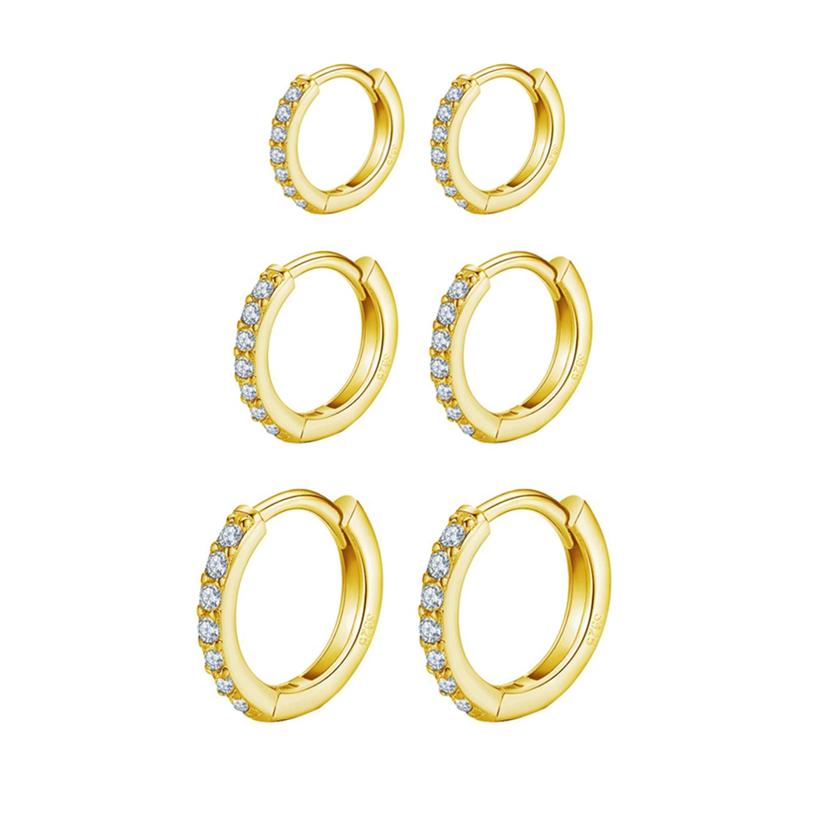 9ct Gold Plated Hoop Earrings, 925 Sterling Silver Post Small Gold Hoop Earrings with AAA Cubic Zirconia, 3 Pairs Small Sleeper Hoops Huggie Hinged Earrings(8/10/12mm)