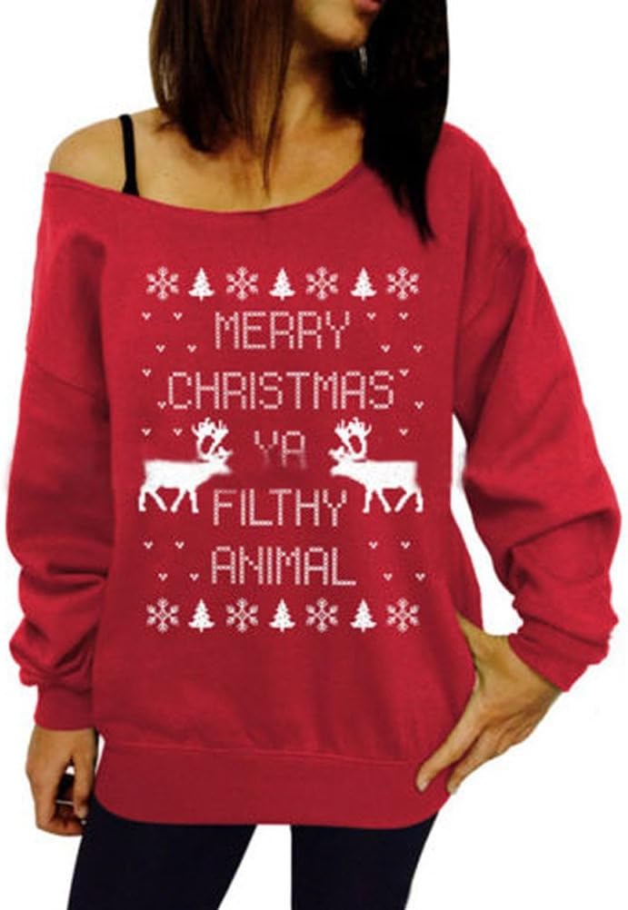 Riveroy Women's Off Shoulder Ugly Christmas Sweatshirt Reindeer Xmas Pullovers