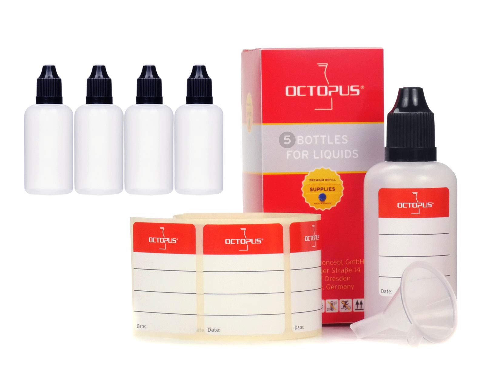 5 x 50 ml Octopus dropper bottles for dosing liquids, e-liquids, eye drops, empty LDPE plastic bottles transparent, plastic bottles with black dripping caps, with child safety lock, incl. 5 labels