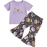 Dcohmch Toddler Girl Halloween Outfits Pumpkin Bucket Print Short Sleeve T-Shirt Bell Bottom Pants Cute Baby Fall Clothes