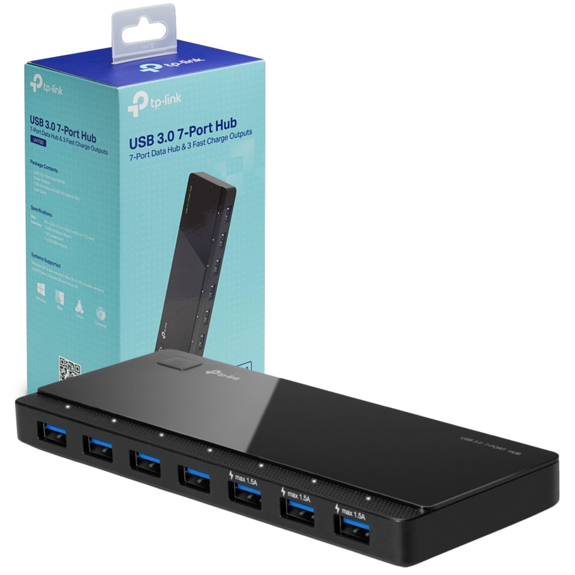 TP-Link UH700 USB Hub, 1.5A Fast Charging 7-Port Docking Station, 10x Data Transfer Speed up to 5Gbps, 12V/2.5A Power Adapter and 1m USB 3.0 Cable, Compatible with Windows, Mac OS X and Linux systems