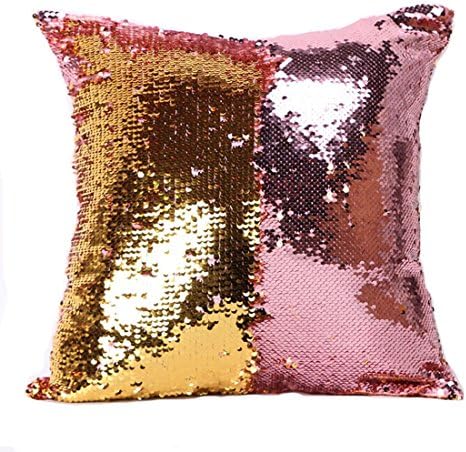 Fivebop Funny Two-Color Decorative Pillow Case Square Paillette Throw Mermaid Sequins Cushion Covers 16 X 16 for Home Decor Party/Sofa/Bed (Gold+Pink)