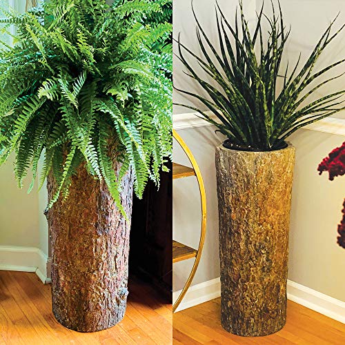 Country Corner Vintage Plant and Fern Stand. Unique Indoor Stump Planter and Flower Pot. Tall Rustic Indoor Cement Resin Flowerpot.