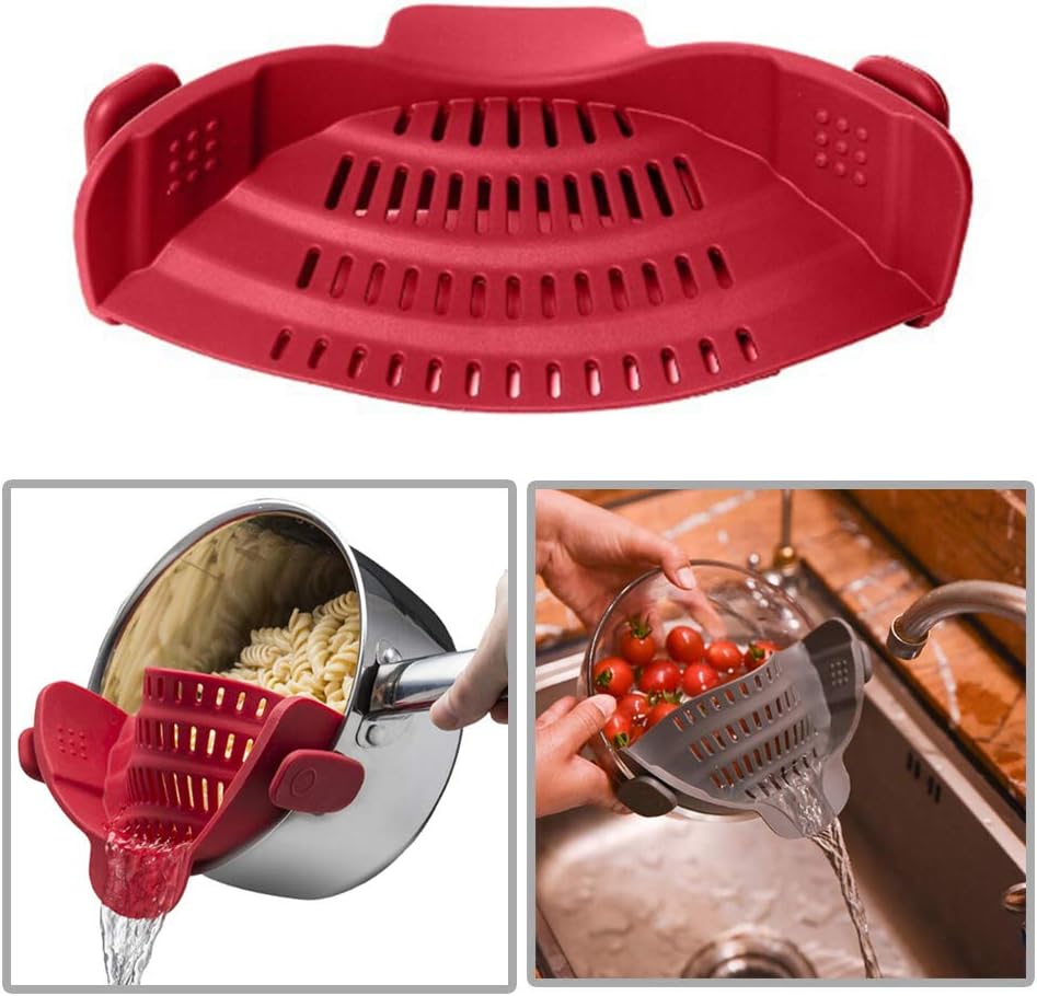 Clip on Silicone Strainer Colander, Pan Strainer snaps Drainer of Hands-free for Spaghetti Pasta pots and pans, Clip-on Heat Resistant Colander Pour Spout for Pasta Vegetable Noodles Pot bowl Pan