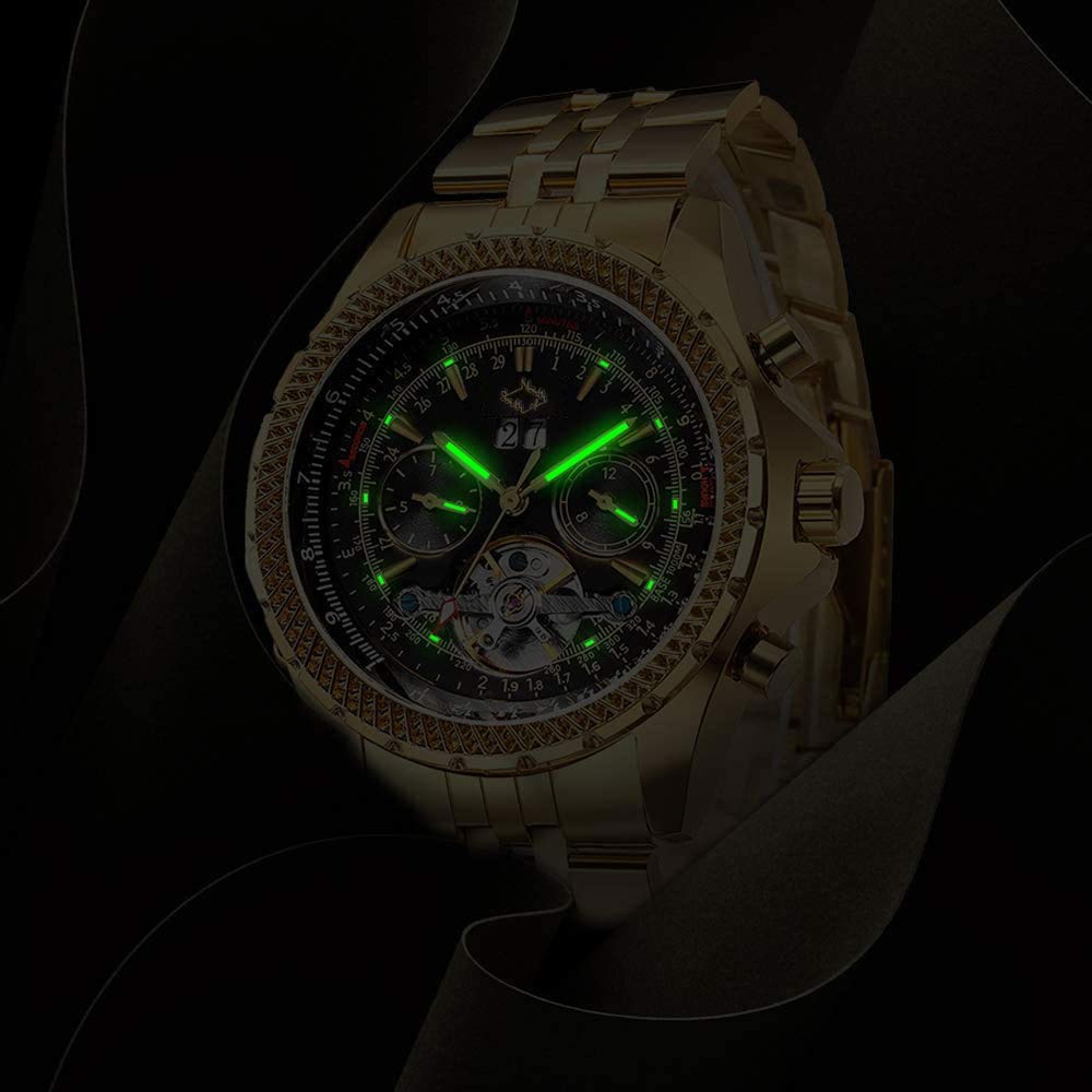 Gute Mens Watches, Mechanical Automatic Stainless Steel Waterproof Watch for Men, Luxury Big Face Multi Functional Tourbillon Calendar Wristwatch