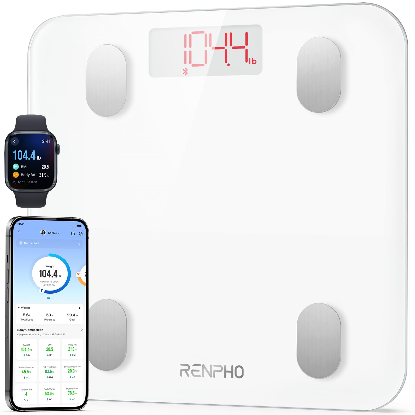 RENPHO Weighing Scales for Body Weight, Smart Bathroom Scales with High Precision Sensors, Weight Scale with App 13 Body Composition Analyzer Track Monitor for BMI, Muscle Mass, Elis 1