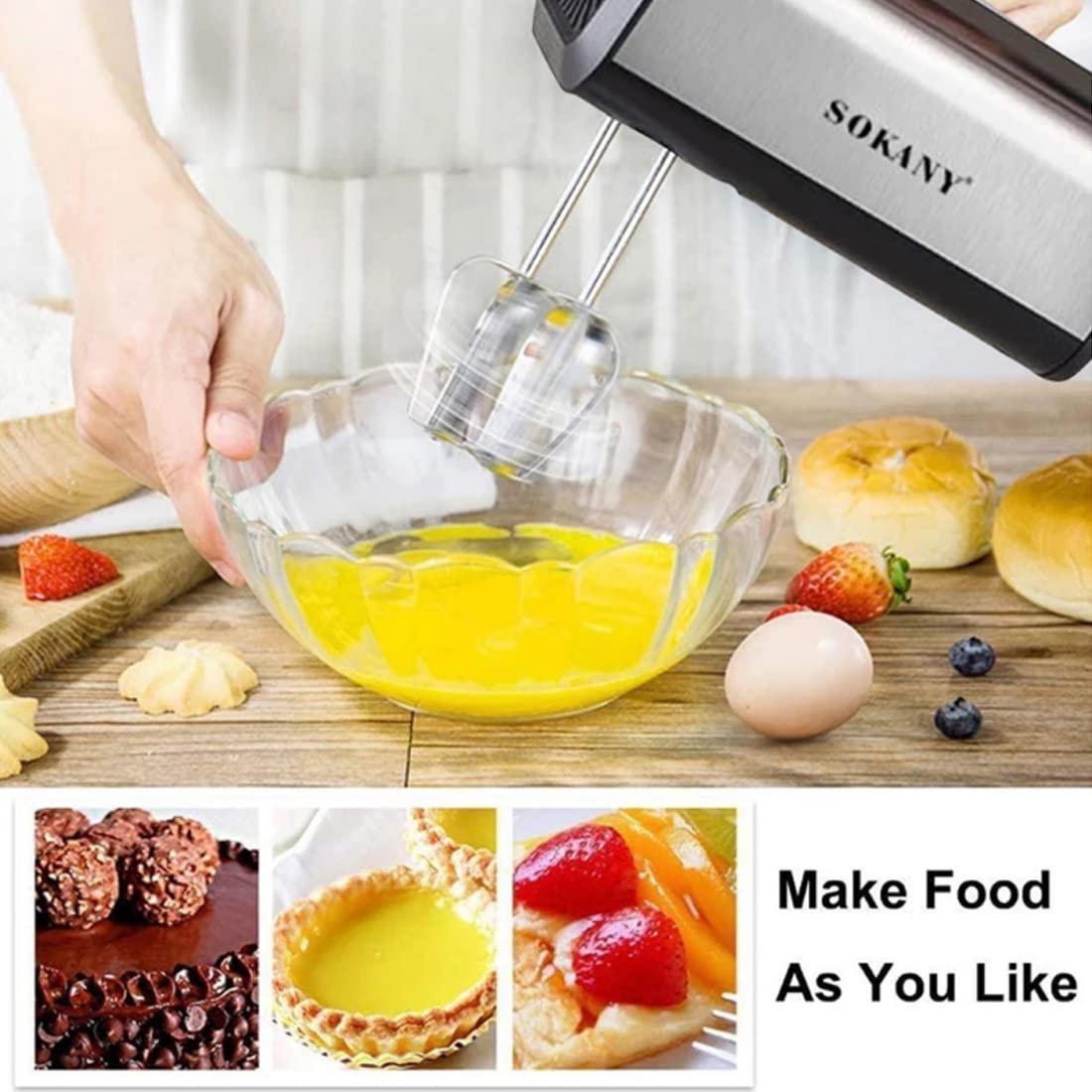 SOKANY 800W Handrührgerät Edelstahlkneter Handmixer, 5 Geschwindigkeiten mit Exit-Taste, Handrührer mit 2 Knethaken & 2 Rührbesen (CX-6651) 3