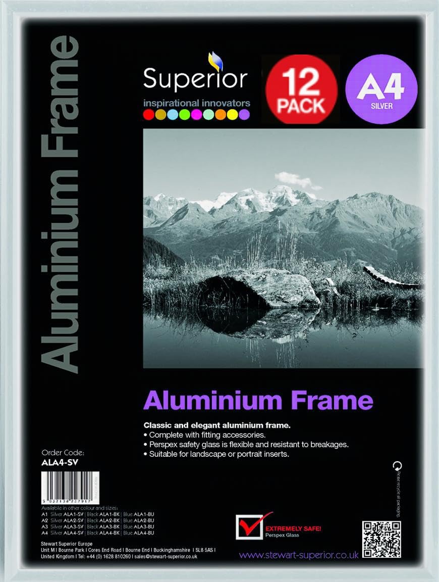 Stewart Superior A4 Brushed Aluminium Picture Frame with Perspex Safety Glass - Silver - Pack of 12