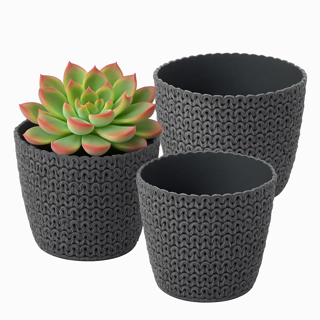 Home Garden Ornaments Plant Pots Indoor – Set of 3 Plastic Planters with Woven Effect Texture Without Drainage Holes (Anthracite, 16 cm / 6.3 inch)