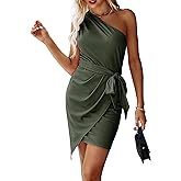 PRETTYGARDEN Women's Summer One Shoulder Mini Short Dresses Irregular Hem Belted Fitted Spring Cocktail Party Dress