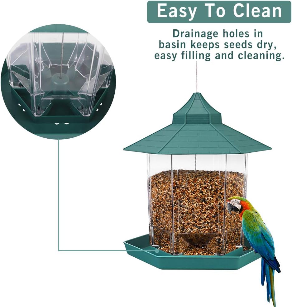HIPPIH Wild Bird Feeder Hanging for Garden Yard Outside Decoration, Hexagon Shaped with Roof Hanging Panorama Bird Feeders for Mix Seed Blends, Classic Green : Garden & Outdoor