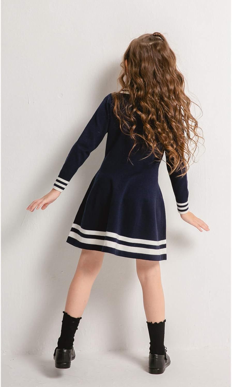 SMILING PINKER Girls Uniform Dresses Long Sleeve School Polo Striped Knit Sweater Dress: Clothing