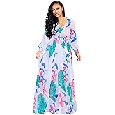 BOGURST Plus Size Maxi Dress for Women Chiffon Deep V-Neck Printed Loose Summer Beach Dresses