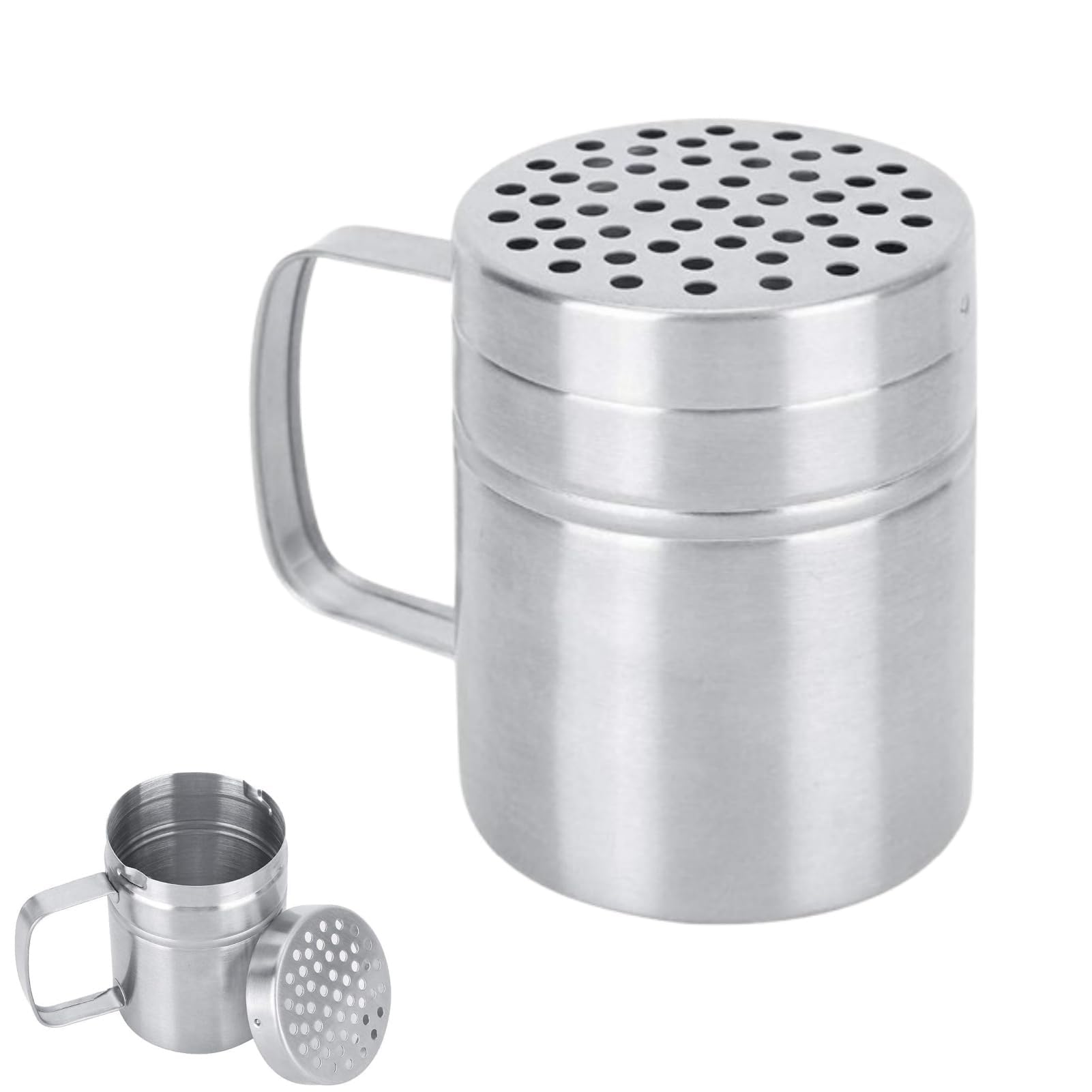 Flour Sugar Salt Shaker, Stainless Steel Dredger Shaker with Handle, Flour Shaker with Lid Salt Icing Sugar Shaker Seasoning Pepper Condiment for Cooking Kitchen Baking