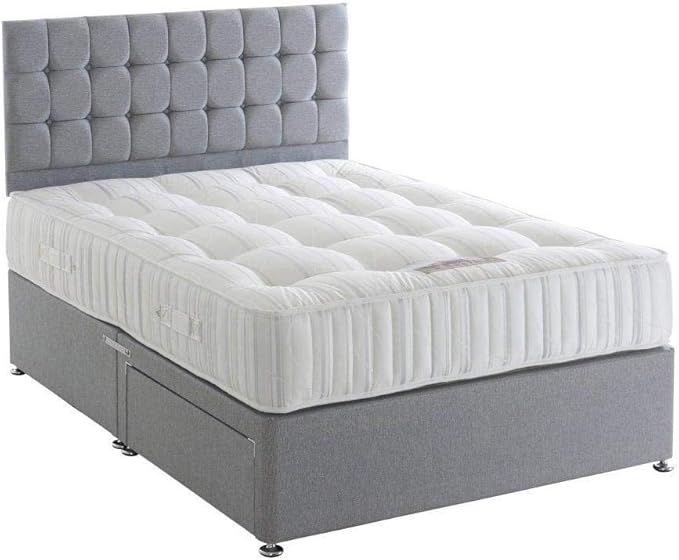 Grey Suede Double Divan Bed 4FT6 With Mattress, Headboard & 2 Storage