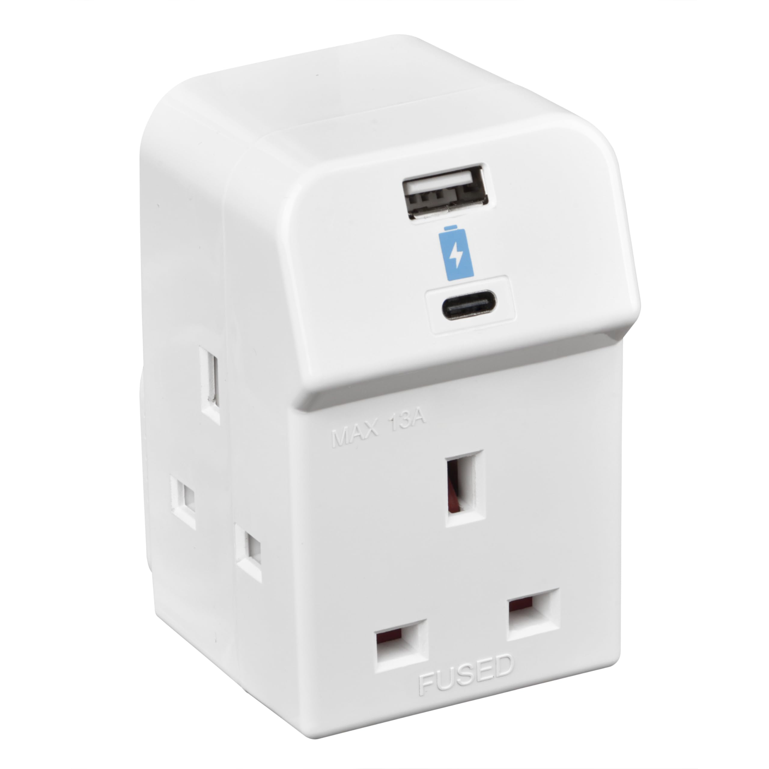 Masterplug Three Socket Fused Wall Plug Adaptor with USB A & C Charging Ports, White, 13A, 10.5W, 3G, A3UAC10