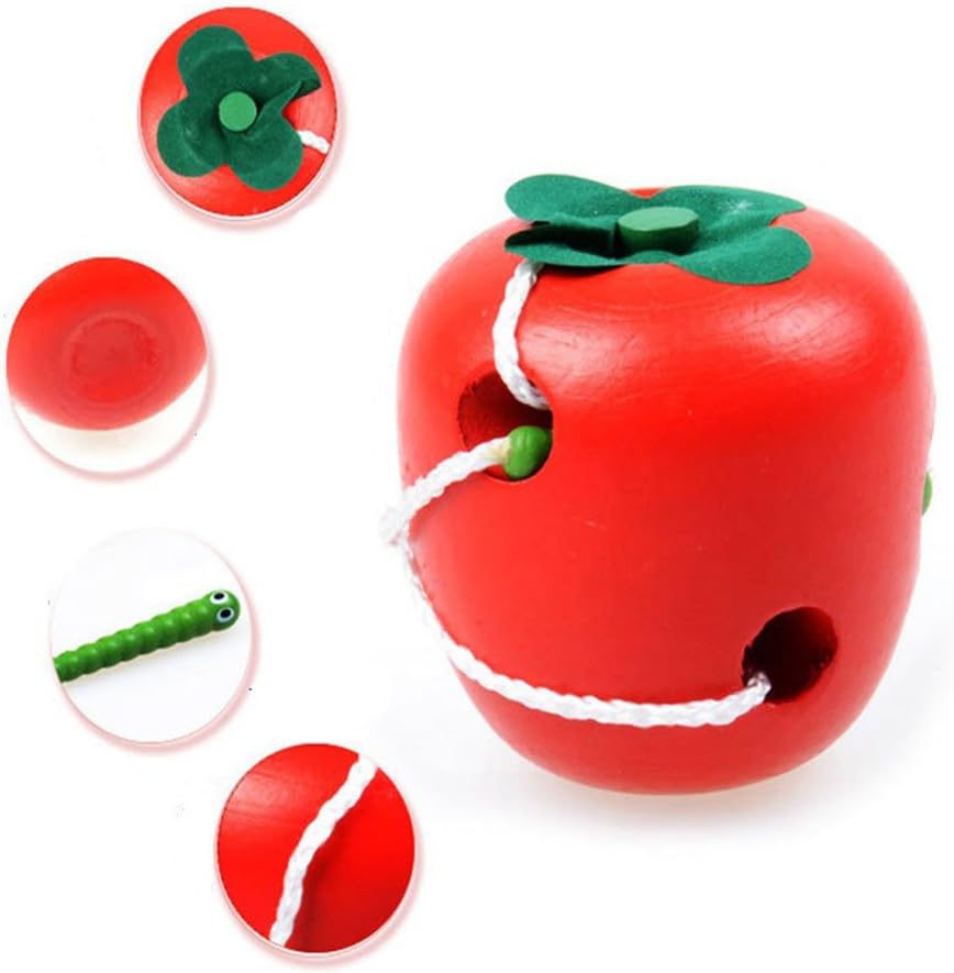EUNOMIA Fruit Shape Intelligence Lacing Game Montessori Puzzle Threading Kid Wooden Toy size Apple