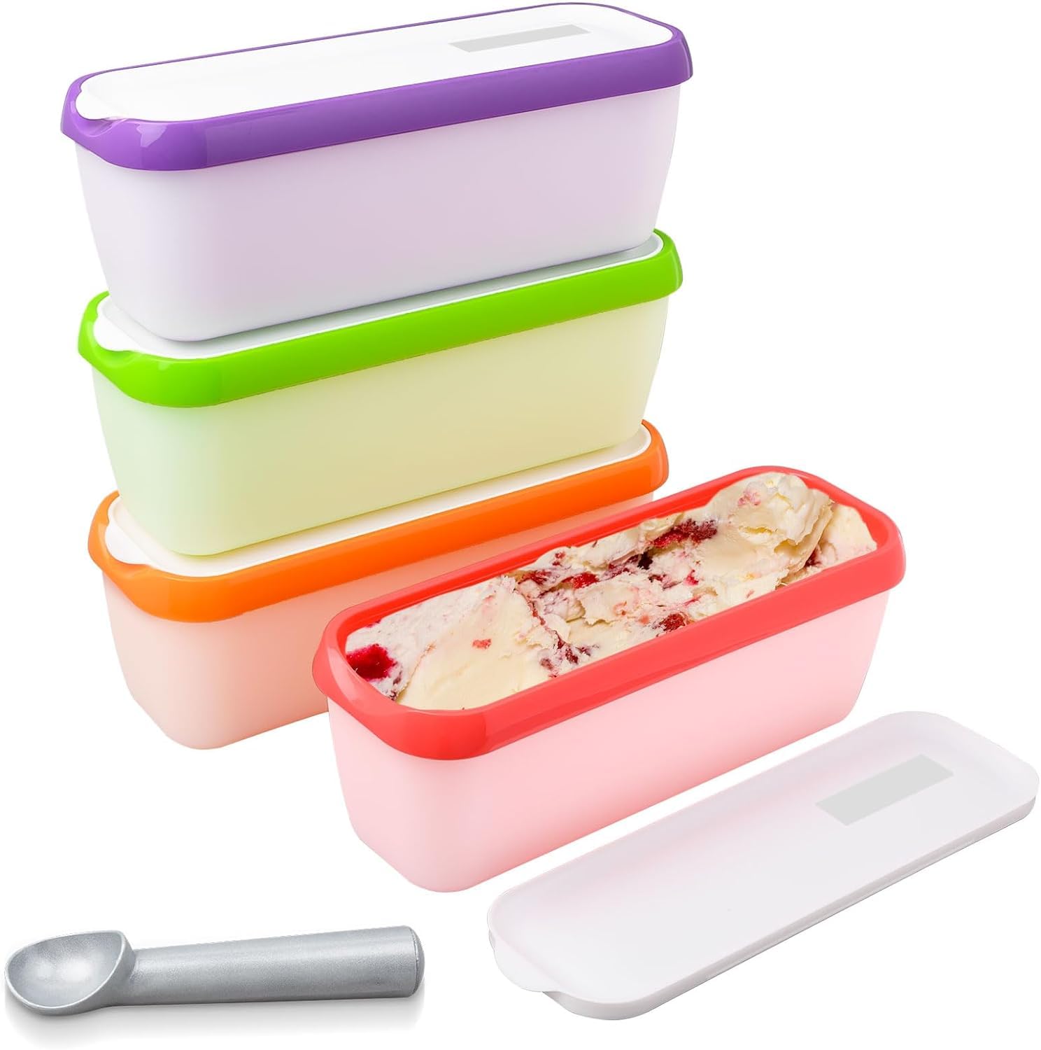 TESIN Ice Cream Containers - 1.5 Quart (Set of 4) - Reusable Freezer Storage for Homemade Ice Cream Tub for Sorbet, Frozen Yogurt - Flexible Silicone Lids, Scoop, Stackable