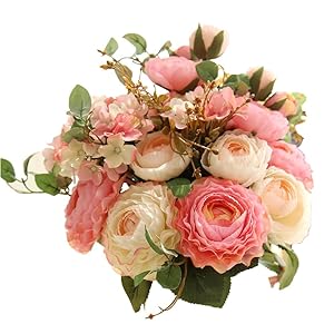 KIRIFLY Artificial Fake Flowers Plants Silk Rose Flower Arrangements Wedding Bouquets Decorations Plastic Floral Table Centerpieces Home Kitchen Garden Party Décor (Pink Champagne)