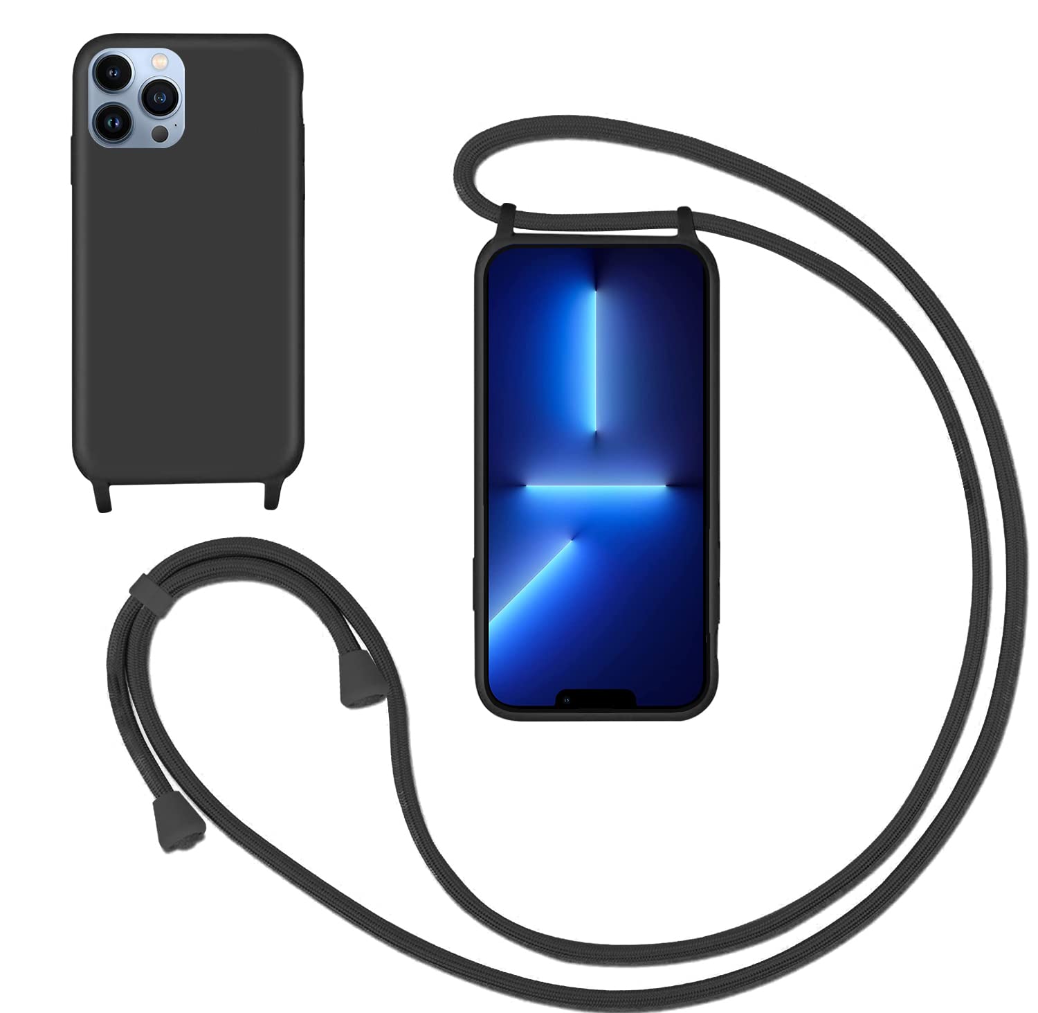 GoodcAcy Crossbody Lanyard Case for iPhone 13 Pro, Liquid Silicone Protective Phone Case with Strap Adjustable Neck Cord Necklace Soft Cover for iPhone 13 Pro, Black