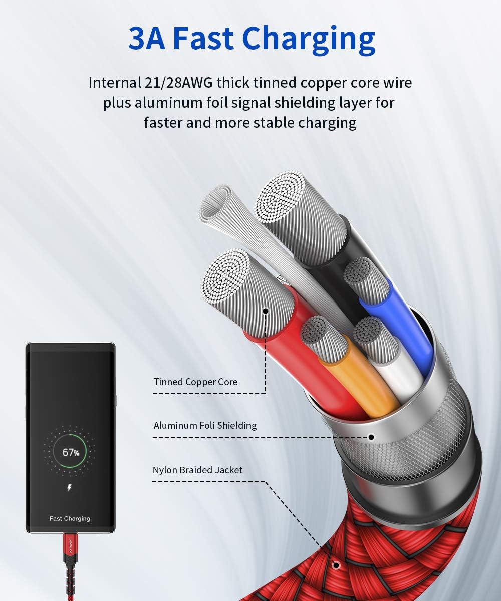 USB Type C Cable 3A Fast Charging, JSAUX (2-Pack 6.6ft+6.6ft) USB-A to USB-C Charge Braided Cord Compatible with Galaxy S10 S10E S9 S8 S20 Plus,Note 20 10 9 8 and Other USB C Charger (Red): Computers & Accessories
