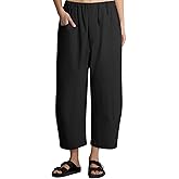 Lviefent Womens Wide Leg Barrel Pants Casual Elastic Waist Linen Cropped Harem Pants Trouser with Pockets