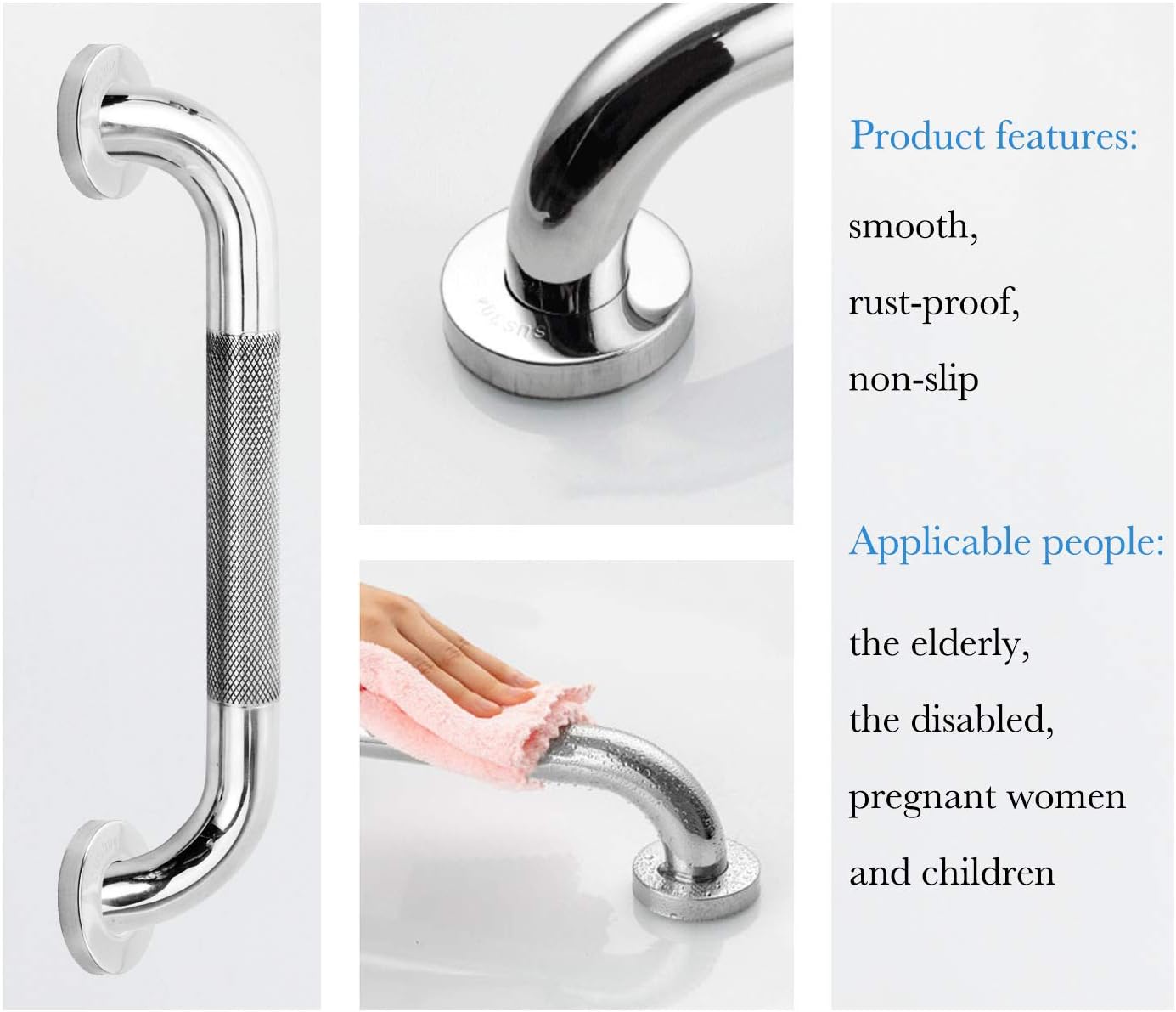 2 Pack Anti-Slip Bath Grab Bar Handle, Chrome Stainless Steel Bathroom Balance Bar Sturdy Shower Safety Hand Rail Support for Elderly, Handicapped, Pregnant Women, Child: Health & Personal Care