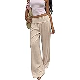 RoseSeek Women's Wide Leg Linen Pants Low Rise Foldover Casual Lounge Pants Vacation Trousers