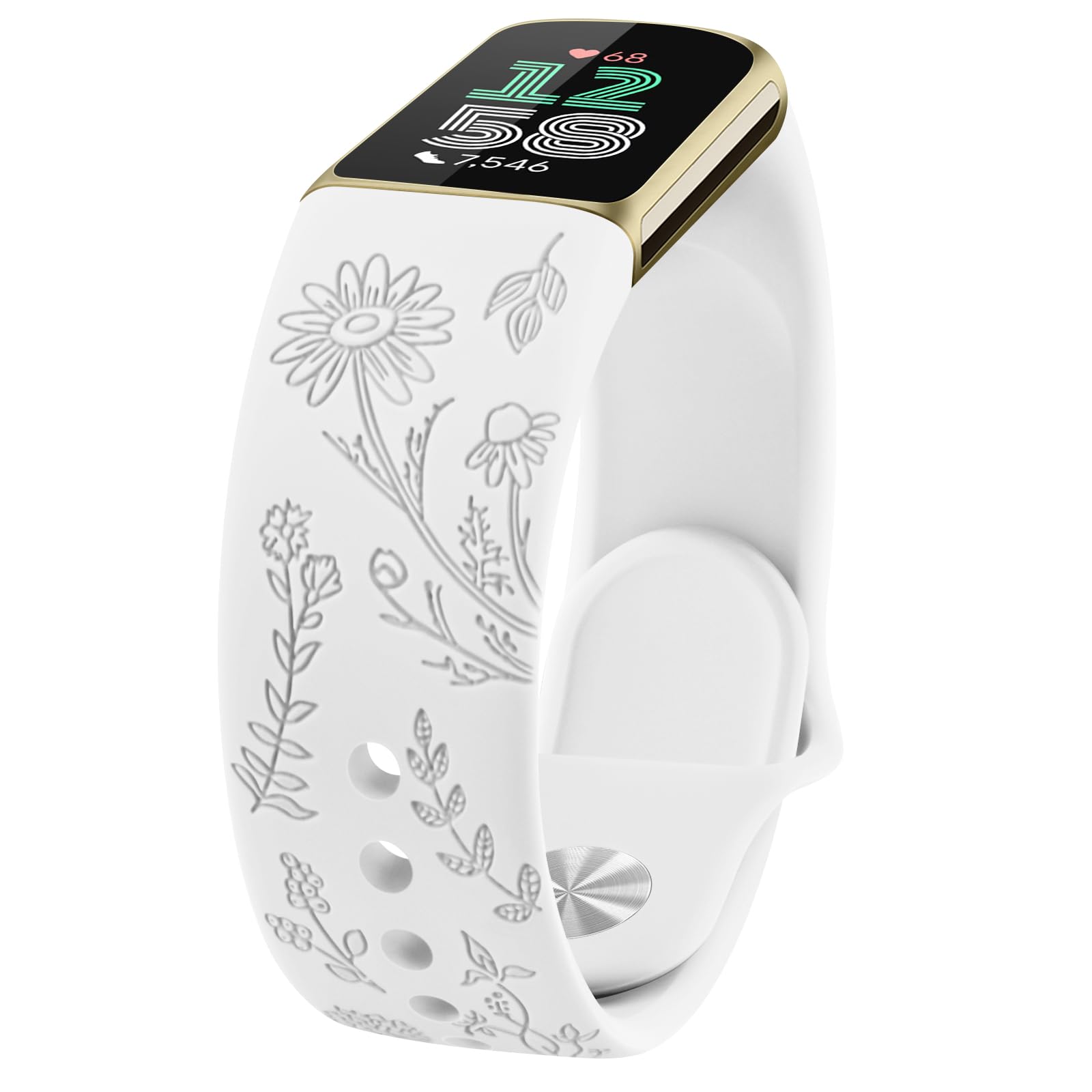 Tobfit Flower Pattern Strap compatible for Fitbit Charge 6 / Charge 5 Strap for Women Men, Adjustable Silicone Replacement Band (White)