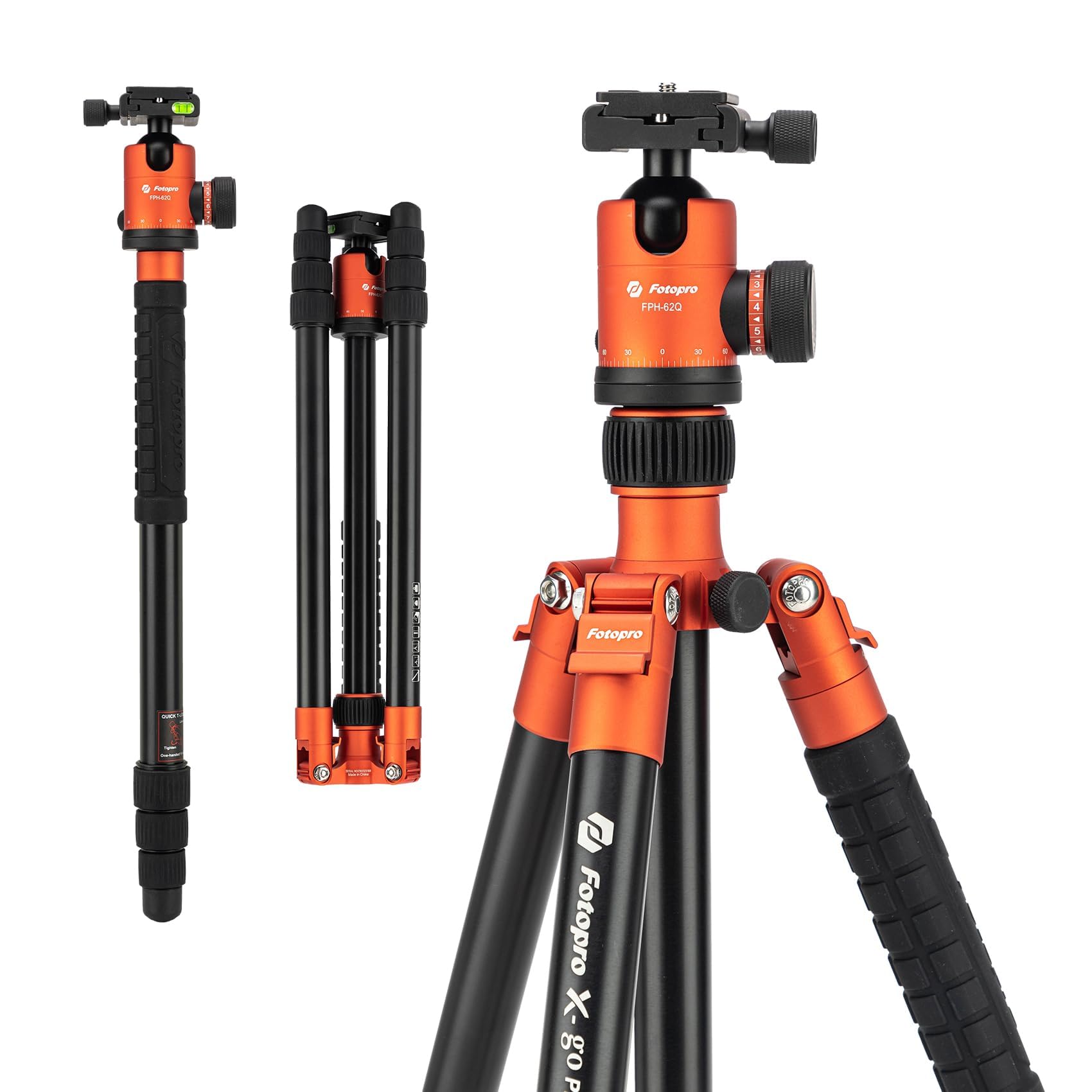 Fotopro 68" Camera Tripod for DSLR, Heavy Duty Compact Travel Tripod with Ball Head, Detachable Monopod with Quick Release Plate and Bag, Load up to 12KG/26.5lbs, Orange