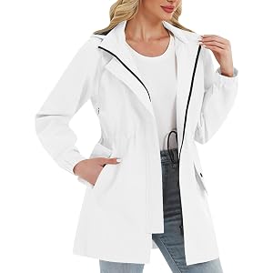 Lightweight Rain Jacket Women Waterproof Drawstring Waist Windbreaker Raincoats For Women With Hood For Travel Outdoor