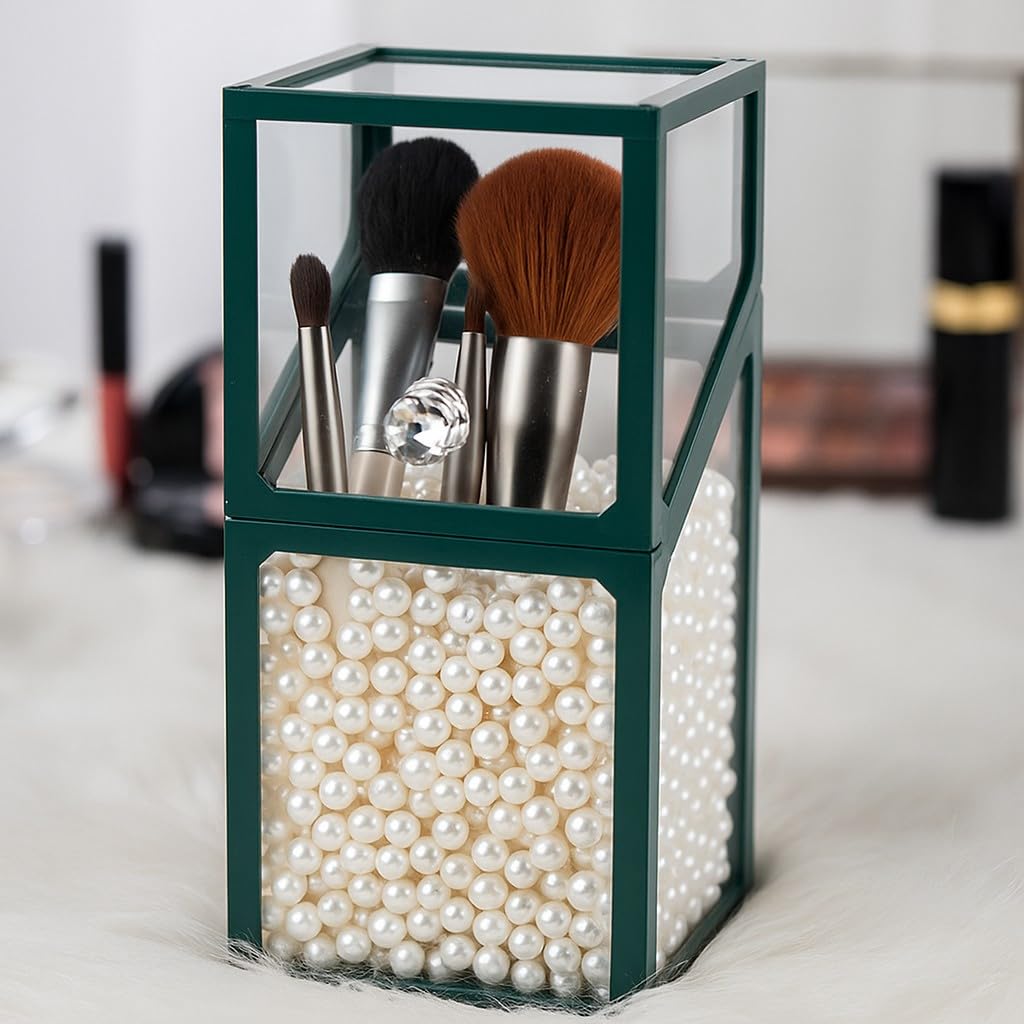London Boutique Large Makeup Organiser Cosmetic Storage Makeup Brush Holder with Lid Dustproof Pearls (Pine Green)