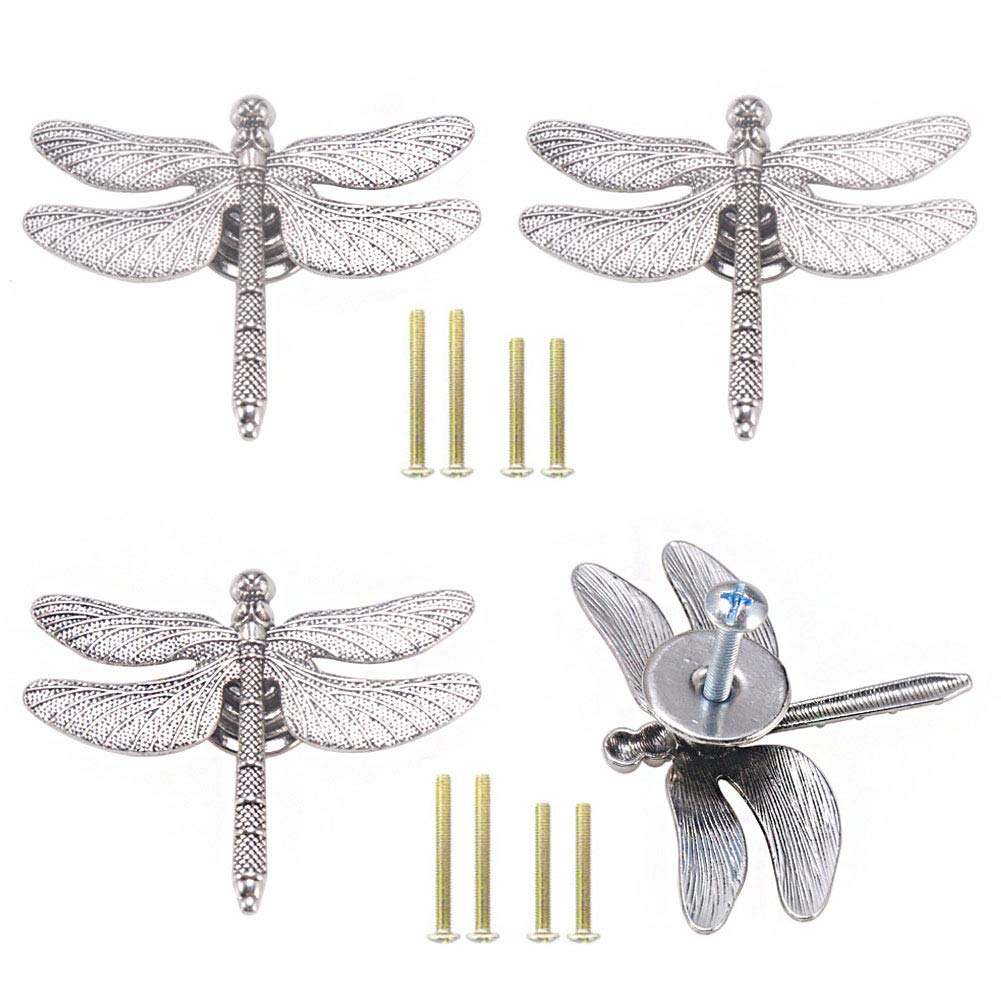 Cucumis 4 Piece Unique Dragonfly Knobs - Animal Single Hole Handle for Kitchen, Office, Home Furniture, Bathroom Cabinet, Dresser Drawer, Closet, Cupboard, Wardrobe - Zinc Alloy Door Pull