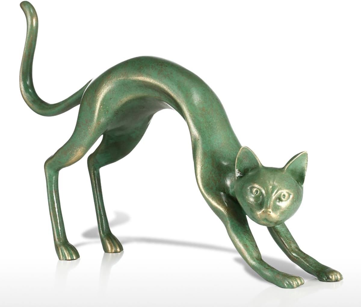 Tooarts Stretching Cat Sculpture Bronze Resin Statue Art Collectibles