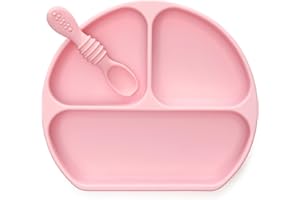 PrimaStella Unbreakable Silicone Non-Slip Baby & Toddler Plate and Spoon Feeding Set - Pink