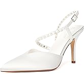 RINBONGZ Women's Pearl High Heels Pointed Closed Toe Wedding Shoes for Bride Stiletto Ankle Strap Satin Pumps Elegant Bridal Formal Party Evening Work Dress Shoes
