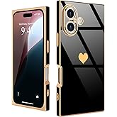 Urarssa for iPhone 16 Plus Case Rectangle for Women Girls Cute Love Heart Pattern Luxury Plating Gold Shockproof Raised Full Camera Lens Protection Cover Phone Case for iPhone 16 Plus, Black